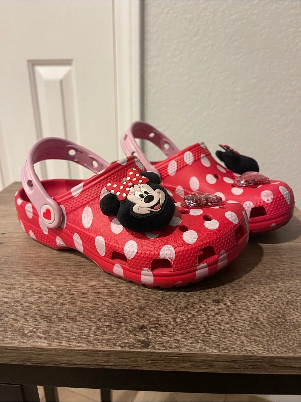 Disney Minnie Mouse Red and White Polka Dot Kids Croc Sandals with Pink Straps